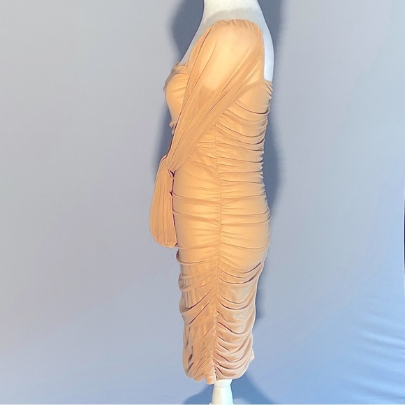 Fashion Sz Sm, Sheer Mesh, Nude, Ruched Long Sleeve Dress, Deep Square Neckline - Picture 6 of 16